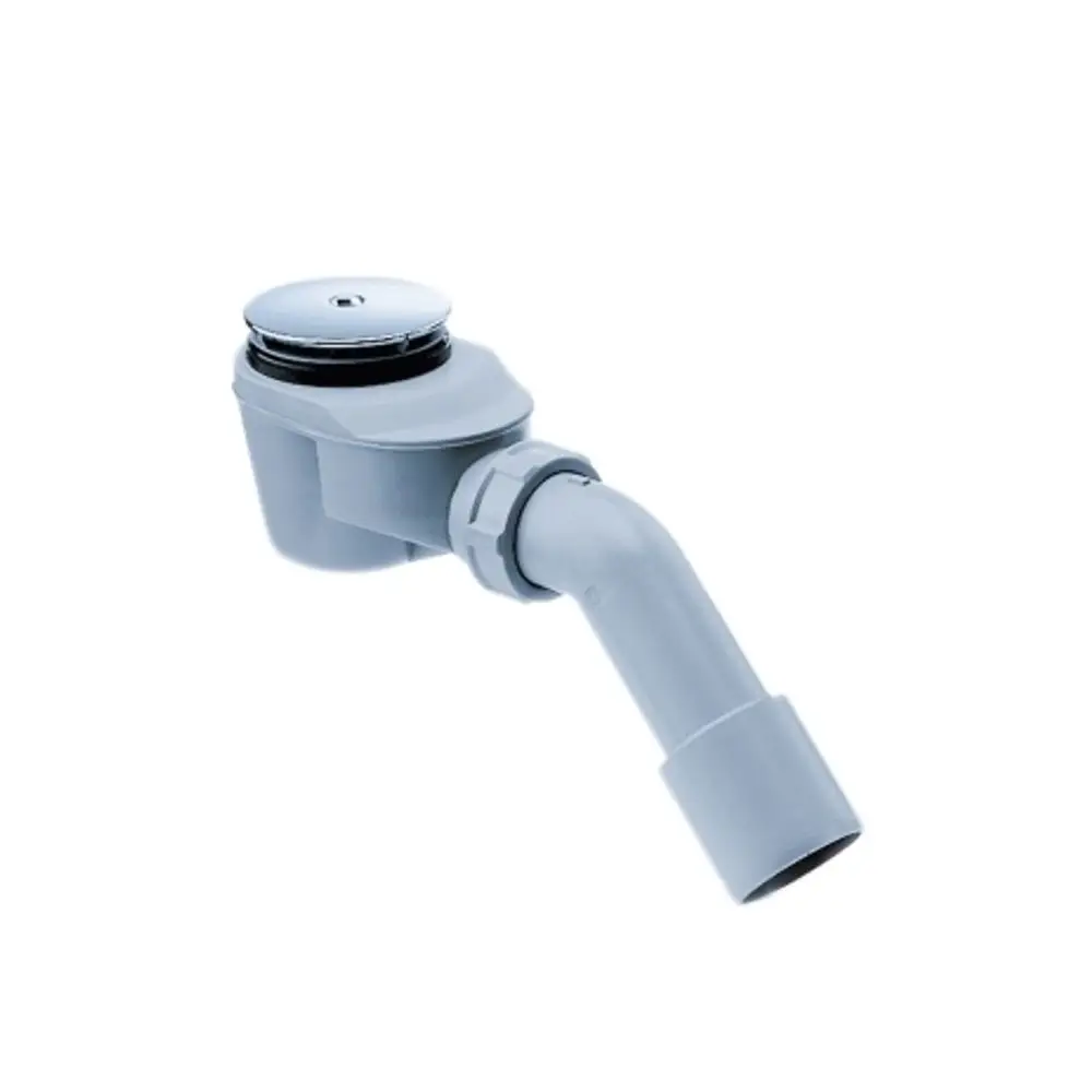 Hansgrohe Ablaufgarnitur mit einem runden Deckel und einem abgewinkelten Schlauch für die Abwasserableitung, in einem grauen Farbton.